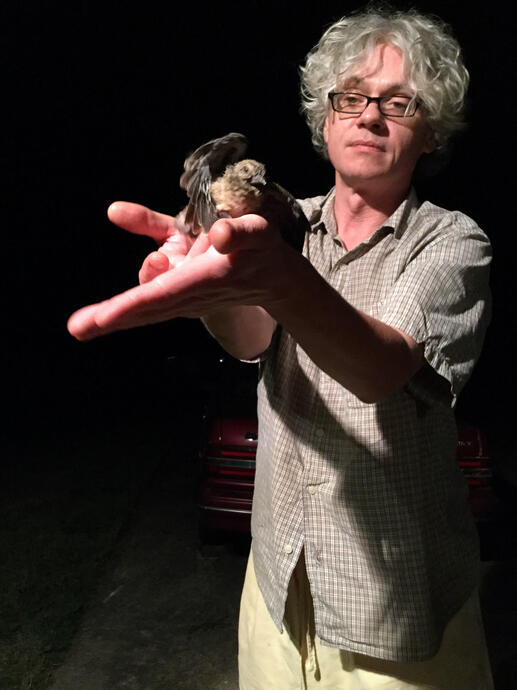 Pete with injured bird, Athens, Georgia, 23 Apr. 2017